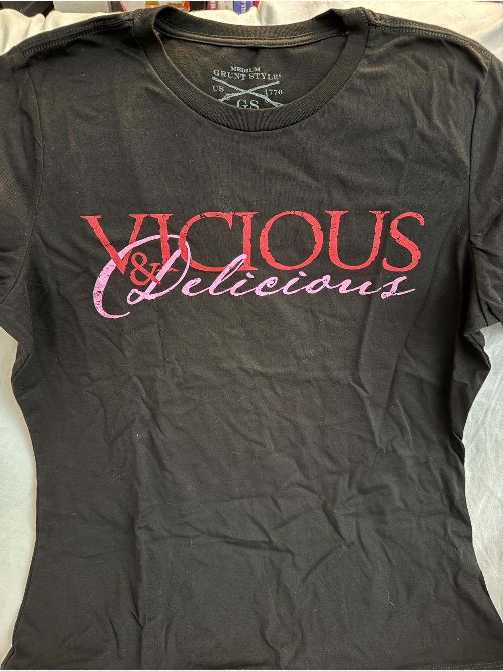 Grunt Style Black Tee with Redish and Pink "Vicious & Delicious" Graphic, M
